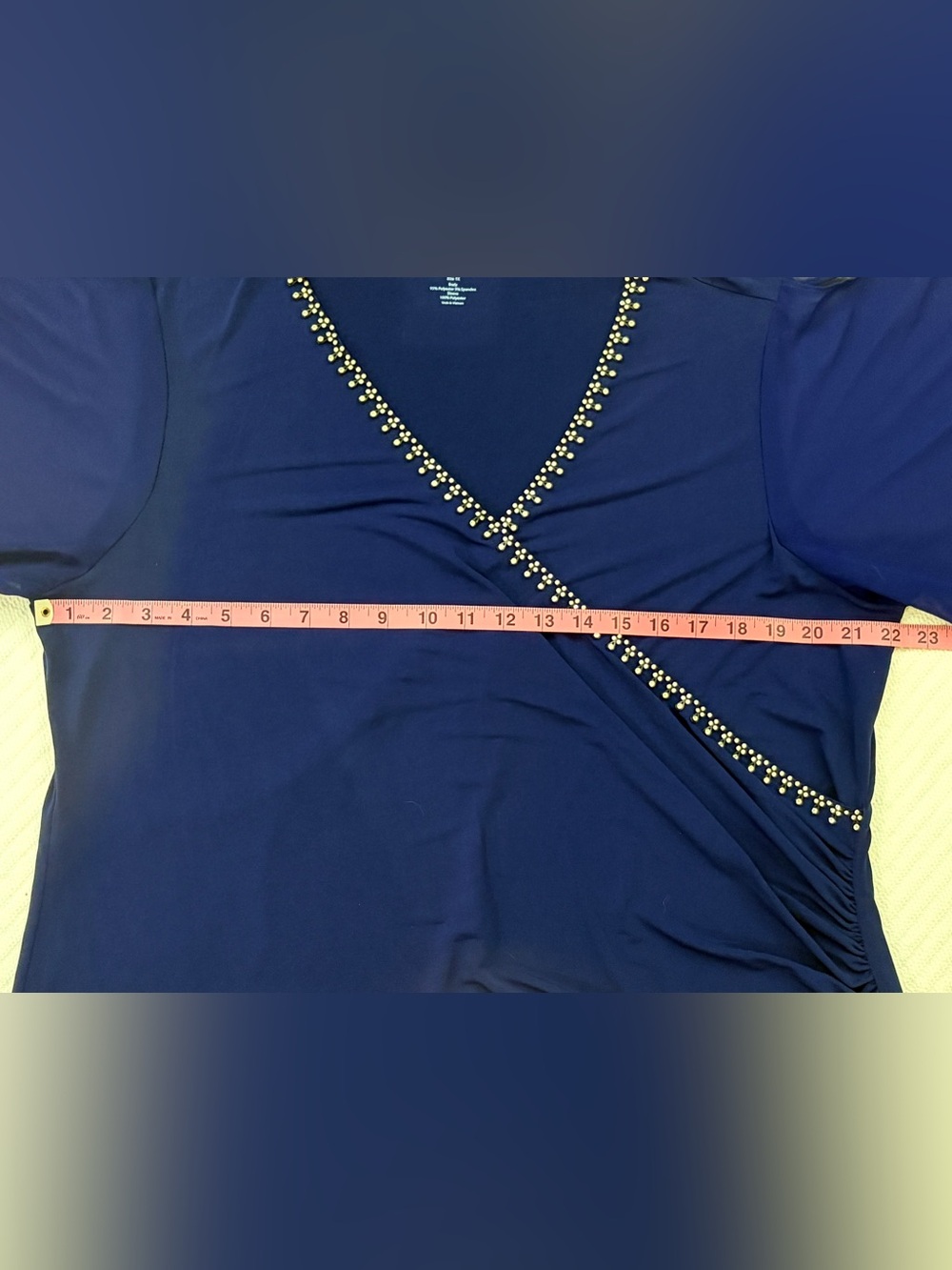Women’s PLUS Carmen Royal Blue Embellished V-Neck Ruched Sheer Sleeve Blouse- 1X - Picture 5 of 13